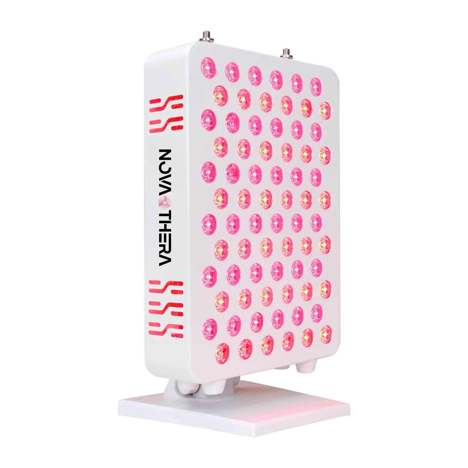 White rectangular red light therapy panel with pink and yellow LEDs on a white stand, labeled "VIACTHERA"