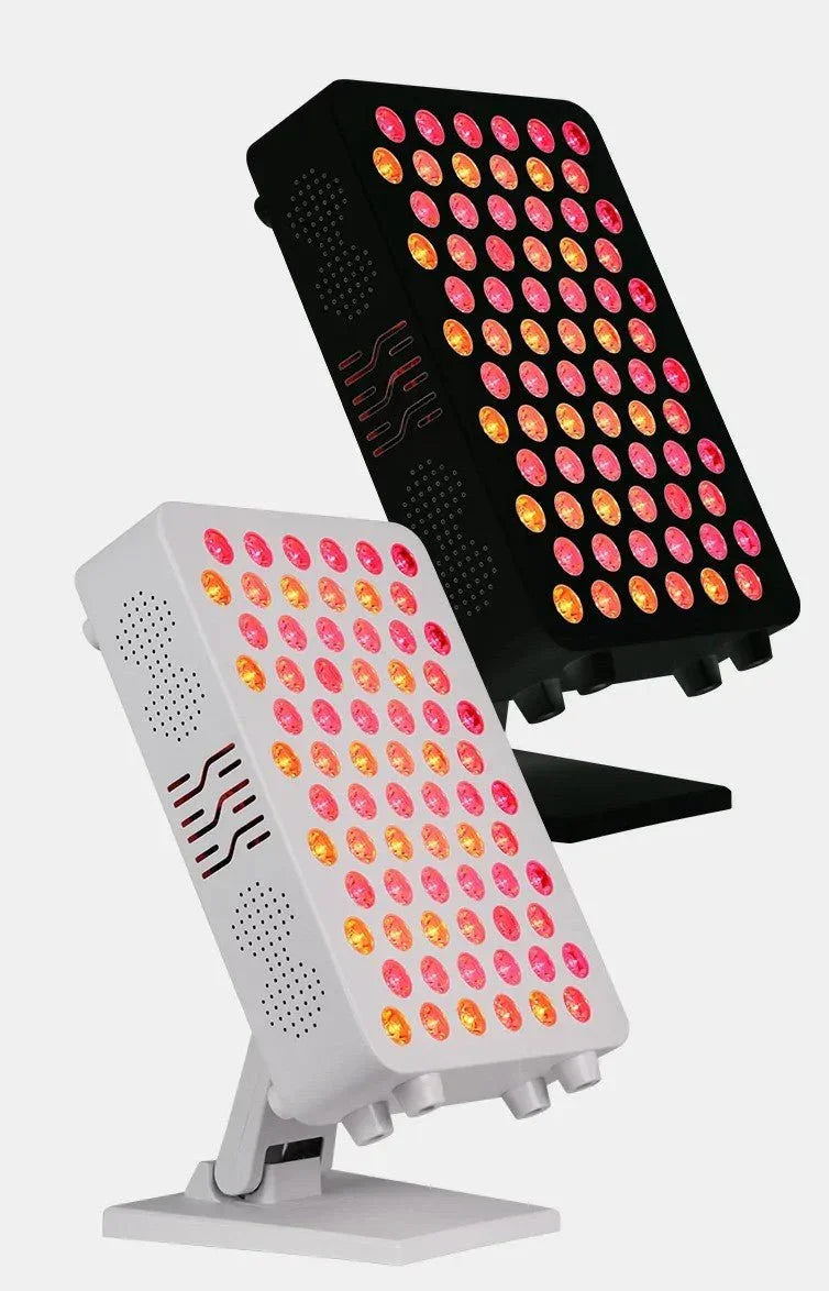 Black and white red light therapy panels with multiple red and orange LEDs mounted on adjustable stands
