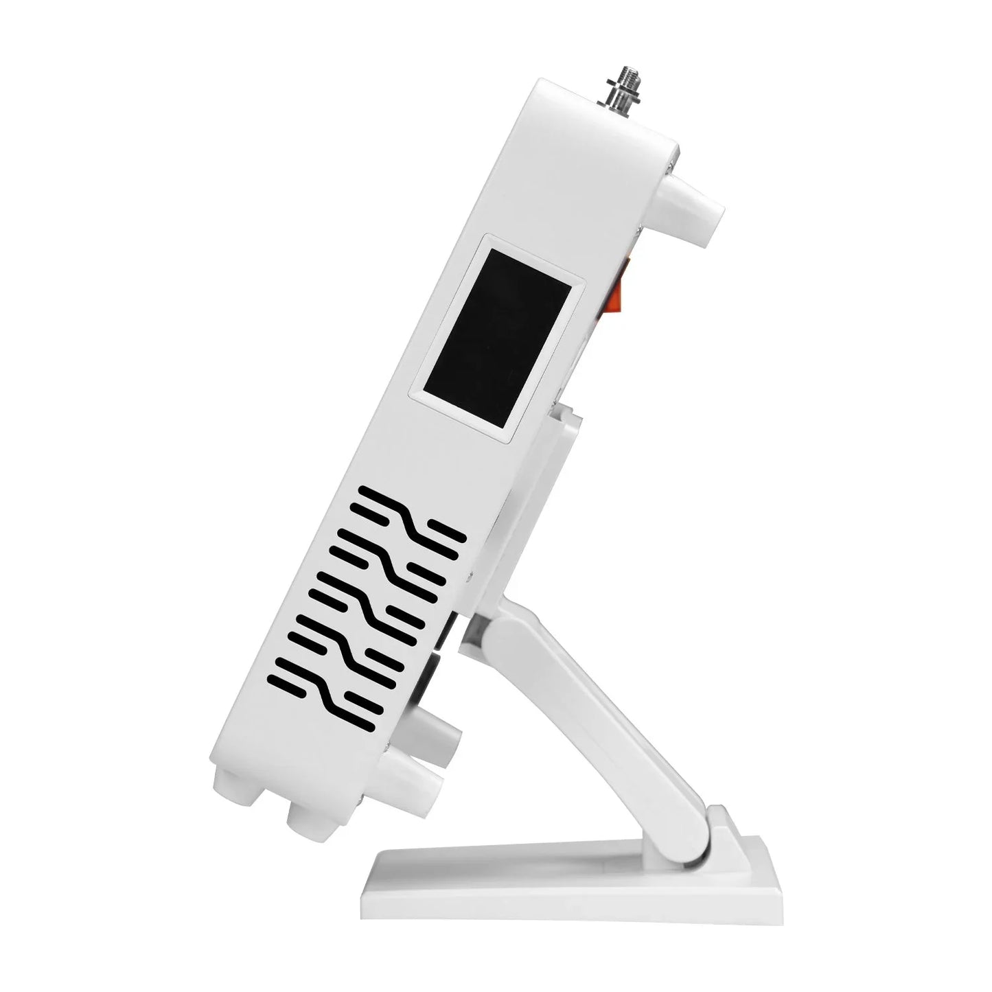 Side view of white electronic device with screen, vented pattern, and adjustable stand on white background