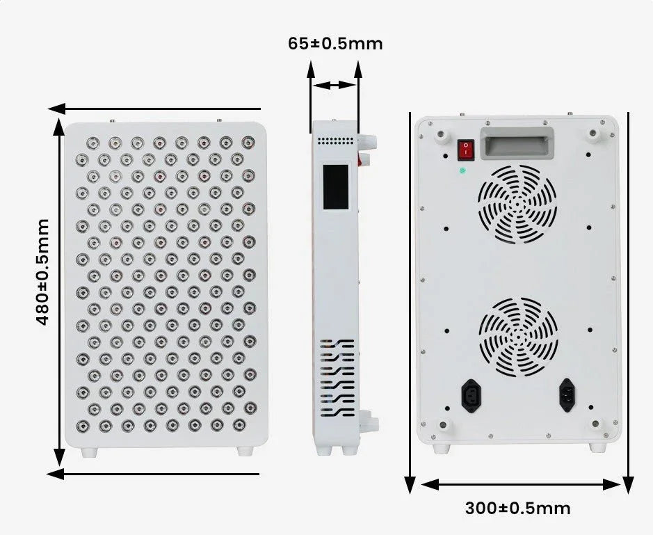 NV Pro 200 Gen 6 LED grow light with front LED array, side display, rear power switch, fans, and dimensions