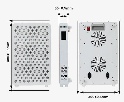 NV Pro 200 Gen 6 LED grow light with front LED array, side display, rear power switch, fans, and dimensions