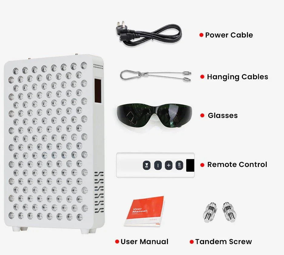 NV-Pro 200 Gen 6 LED light therapy panel with power cable, hanging cables, glasses, remote control, user manual, and tandem screws