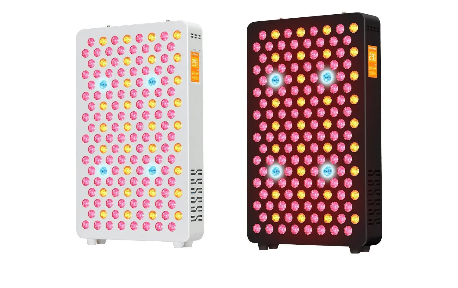 Two LED light therapy panels, one white and one black, each with red, orange, and blue lights and side control screens