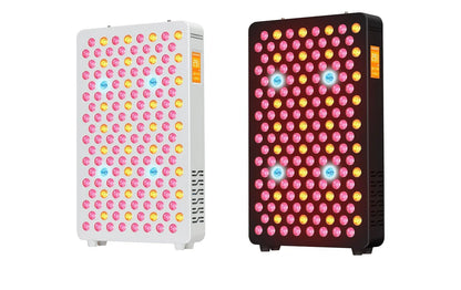 Two LED light therapy panels, one white and one black, each with red, orange, and blue lights and side control screens