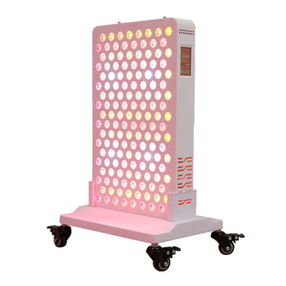 Portable red and near-infrared light therapy panel on wheels with multiple LED bulbs