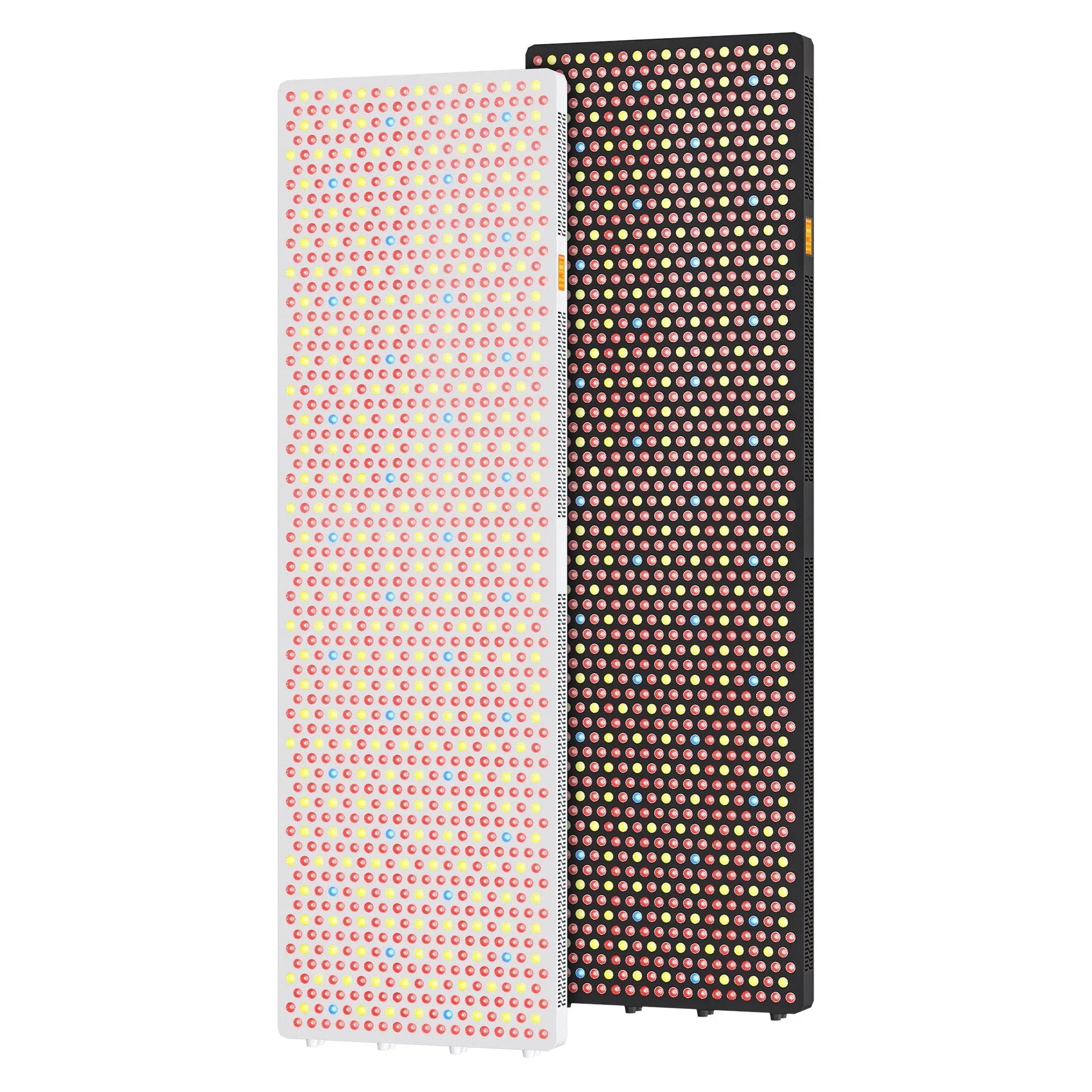 Two rectangular LED light therapy panels with red, yellow, and blue diodes, one black and one white