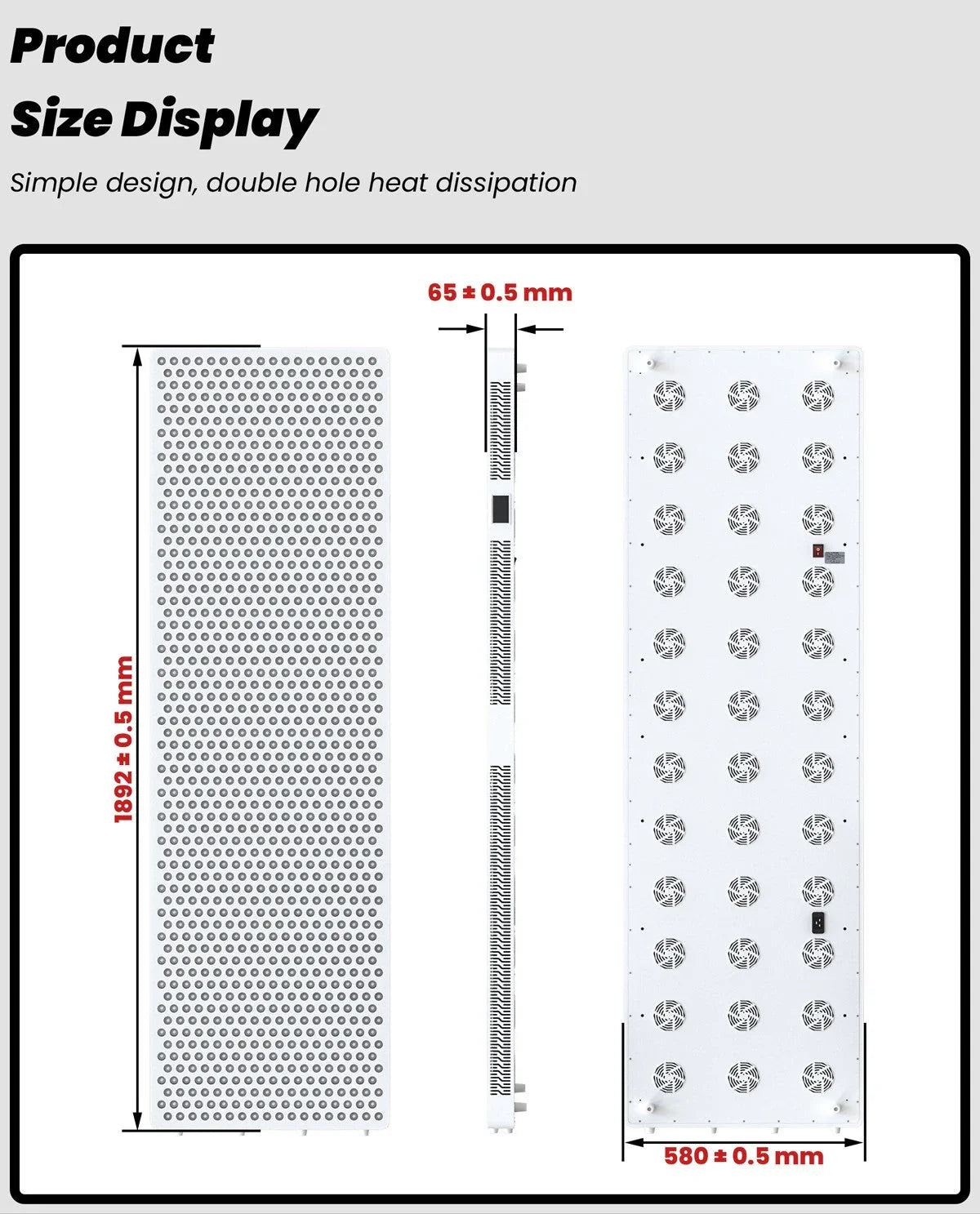 Product size display of LED panel with ventilation holes and multiple cooling fans, dimensions in millimeters