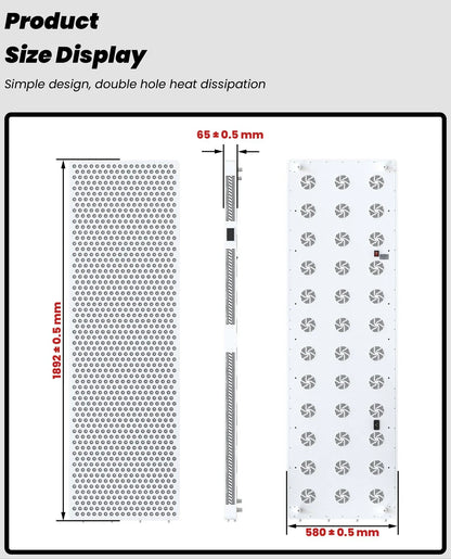 Product size display of LED panel with ventilation holes and multiple cooling fans, dimensions in millimeters
