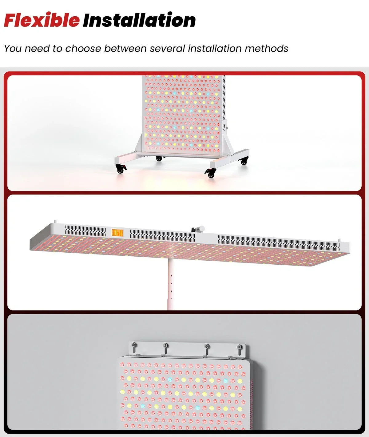 Three installation methods for a LED grow light panel: mobile stand, adjustable pole, and wall mount