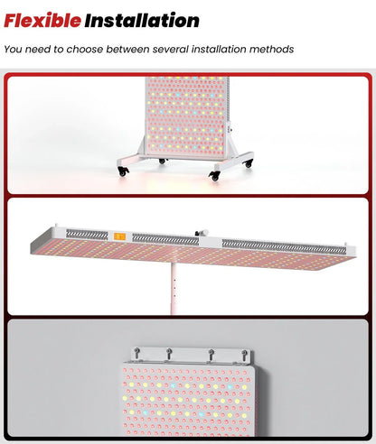 Three installation methods for a LED grow light panel: mobile stand, adjustable pole, and wall mount