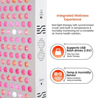 Close-up of red light therapy panel with USB port and temperature humidity sensor for wellness