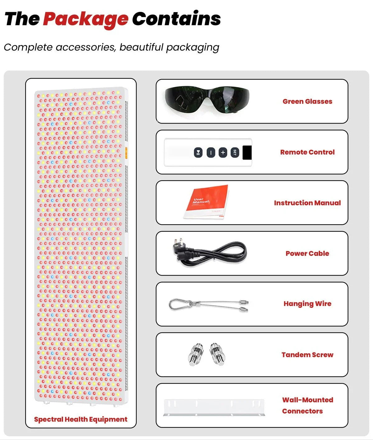 Spectral health equipment LED light panel with accessories including green glasses, remote control, manual, power cable, hanging wire, screws, and wall connectors