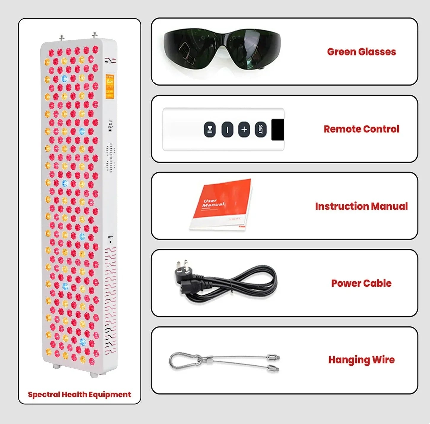 Spectral health equipment with red, yellow, and blue LED lights and accessories including green glasses, remote control, manual, power cable, and hanging wire