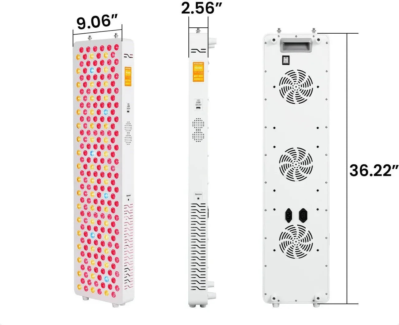Triple view of a 36.22-inch tall LED grow light panel with red, yellow, and blue bulbs and cooling fans