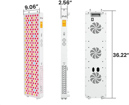 Triple view of a 36.22-inch tall LED grow light panel with red, yellow, and blue bulbs and cooling fans