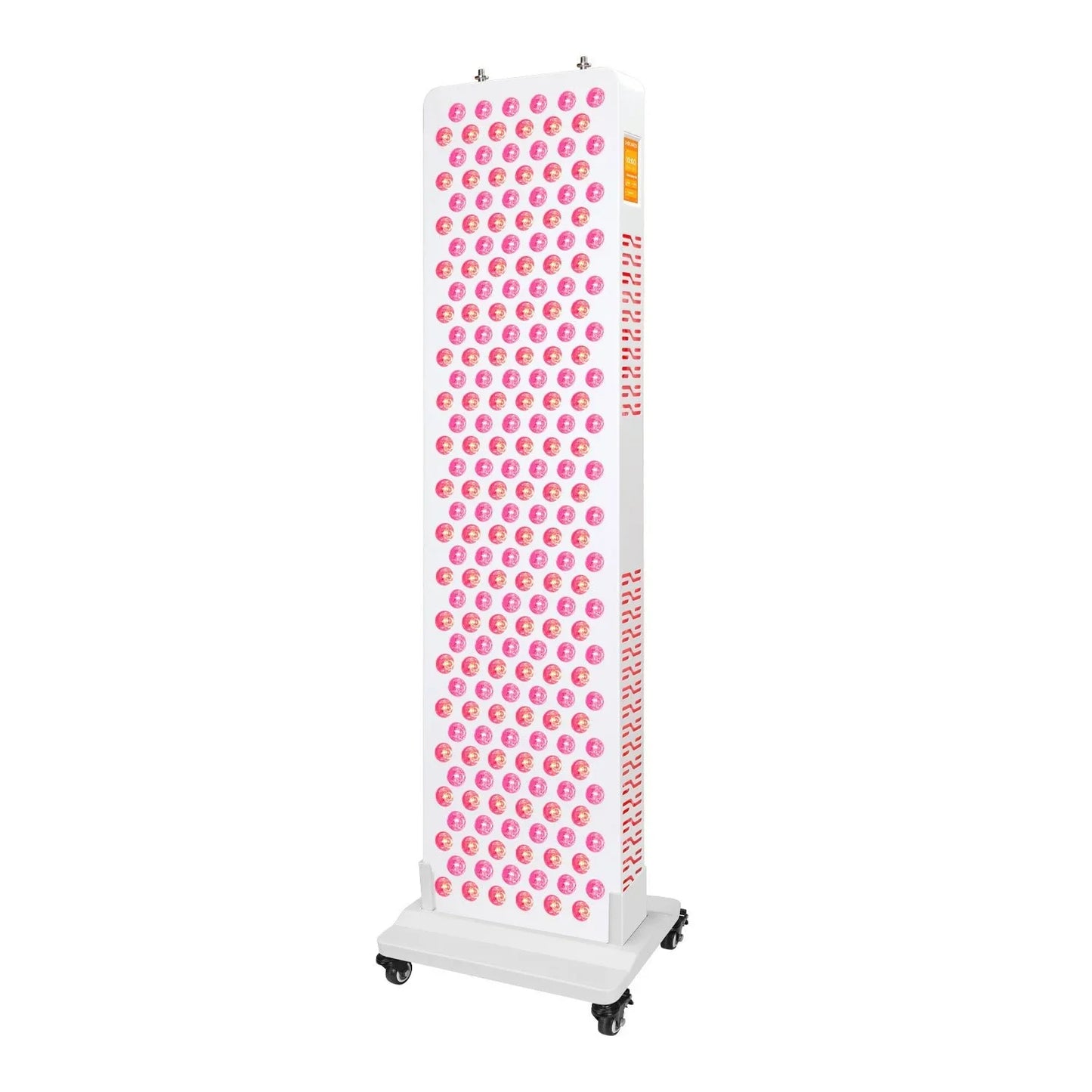 White vertical LED light therapy panel with pink and red bulbs on a wheeled base