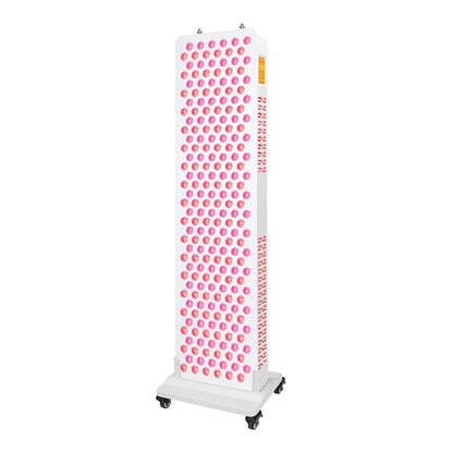 White vertical LED light therapy panel with pink and red bulbs on a wheeled base