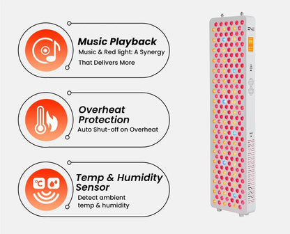 Red light therapy panel with music playback, overheat protection, and temp & humidity sensor features