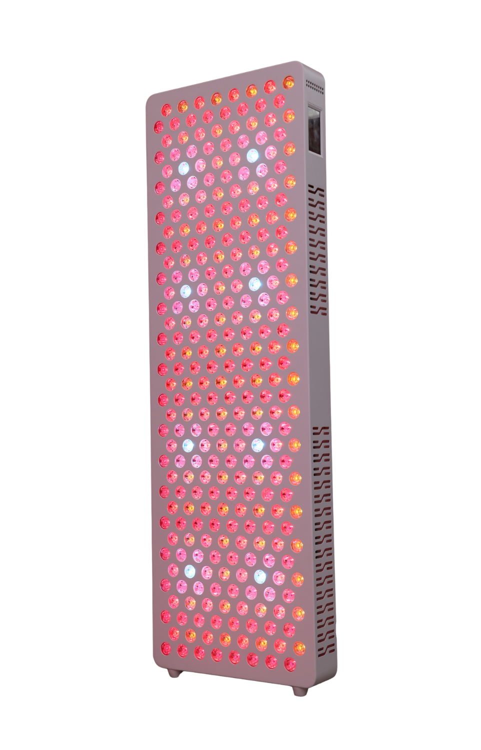 Rectangle red and orange LED light therapy panel with cooling vents and digital display