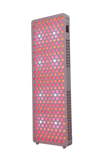 Rectangle red and orange LED light therapy panel with cooling vents and digital display