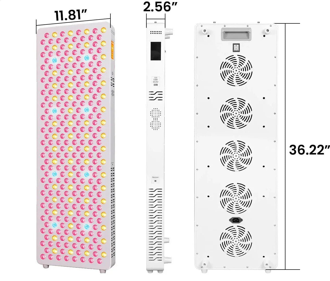 White LED grow light panel with pink, yellow, and blue bulbs, shown front, side, and back with cooling fans and dimensions