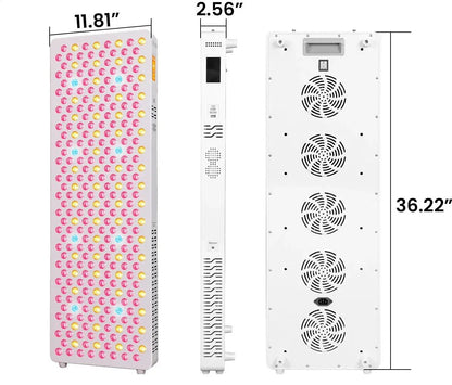 White LED grow light panel with pink, yellow, and blue bulbs, shown front, side, and back with cooling fans and dimensions