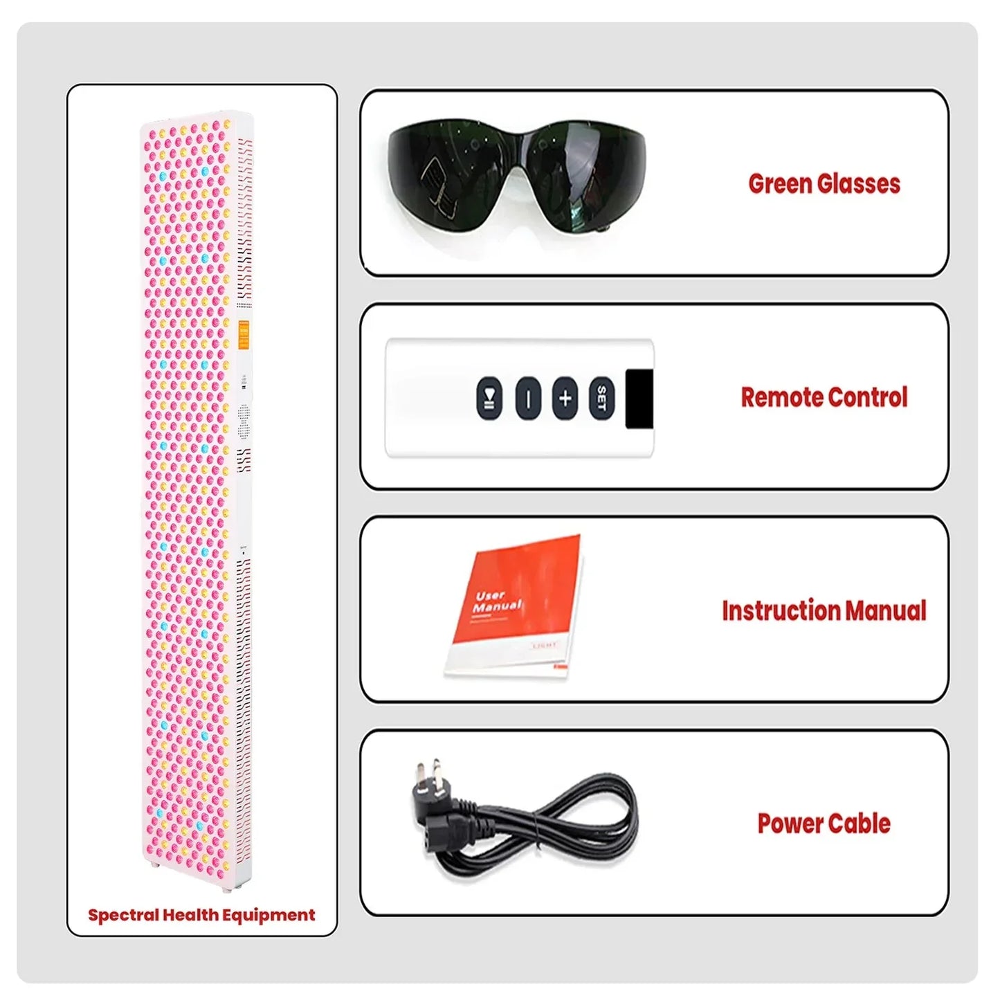 Spectral health equipment with pink and blue LED lights, green glasses, remote control, manual, and power cable