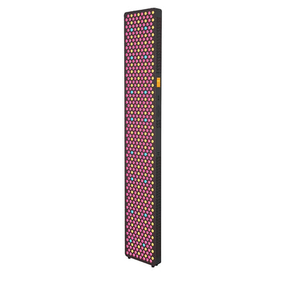 Tall rectangular black LED panel light with red, yellow, and blue bulbs, side controls visible