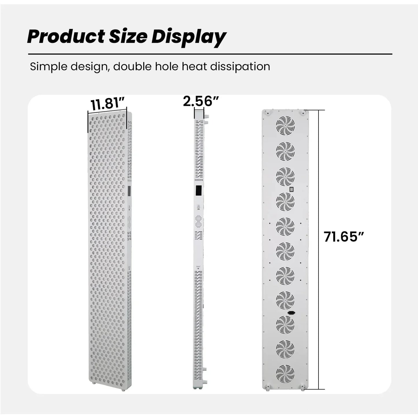 LED grow light panel with dimensions 71.65" H x 11.81" W x 2.56" D, featuring double hole heat dissipation