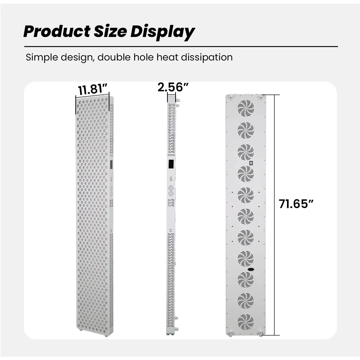 LED grow light panel with dimensions 71.65" H x 11.81" W x 2.56" D, featuring double hole heat dissipation