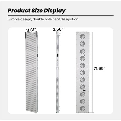 LED grow light panel with dimensions 71.65" H x 11.81" W x 2.56" D, featuring double hole heat dissipation