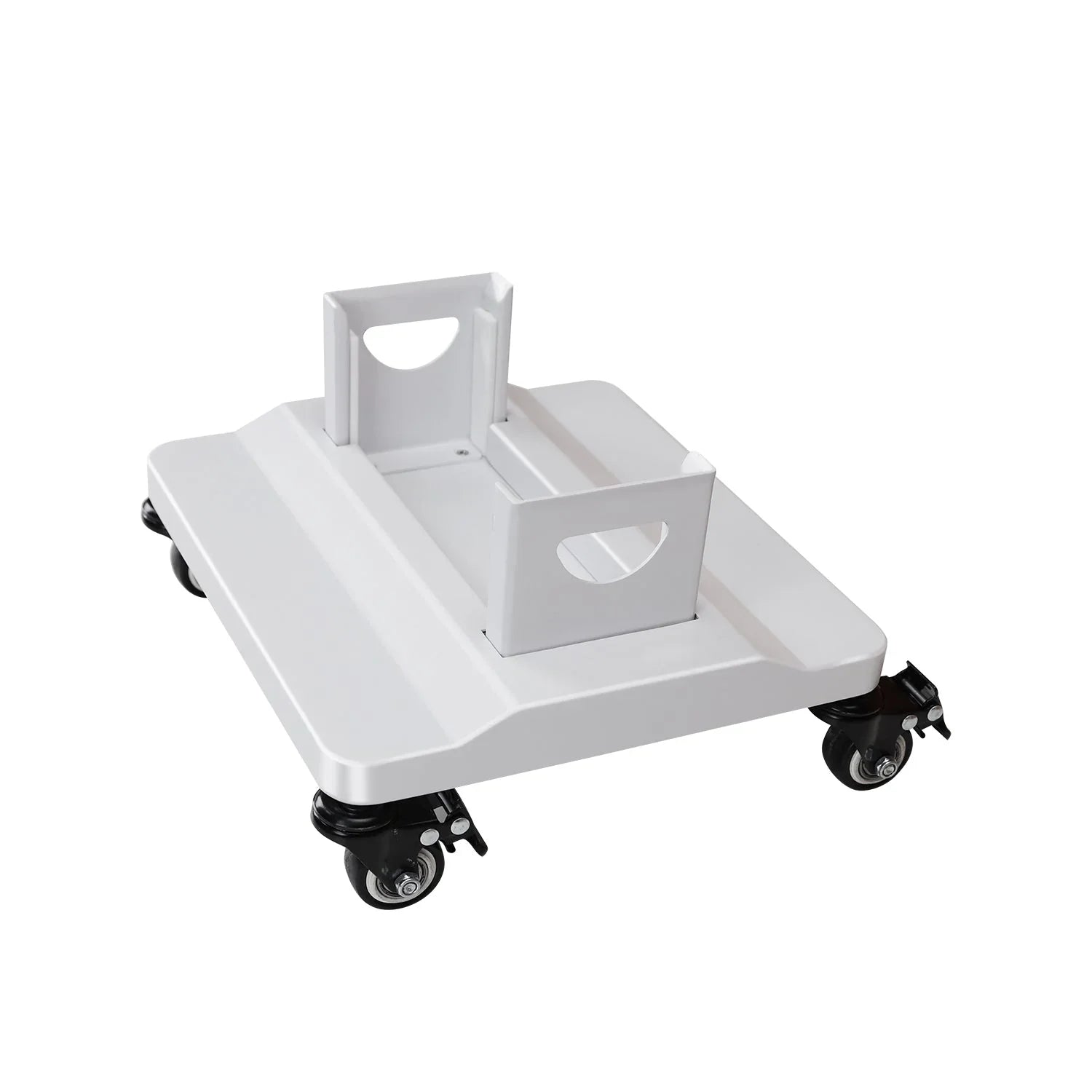 White metal floor stand with adjustable brackets and four black caster wheels for mobility