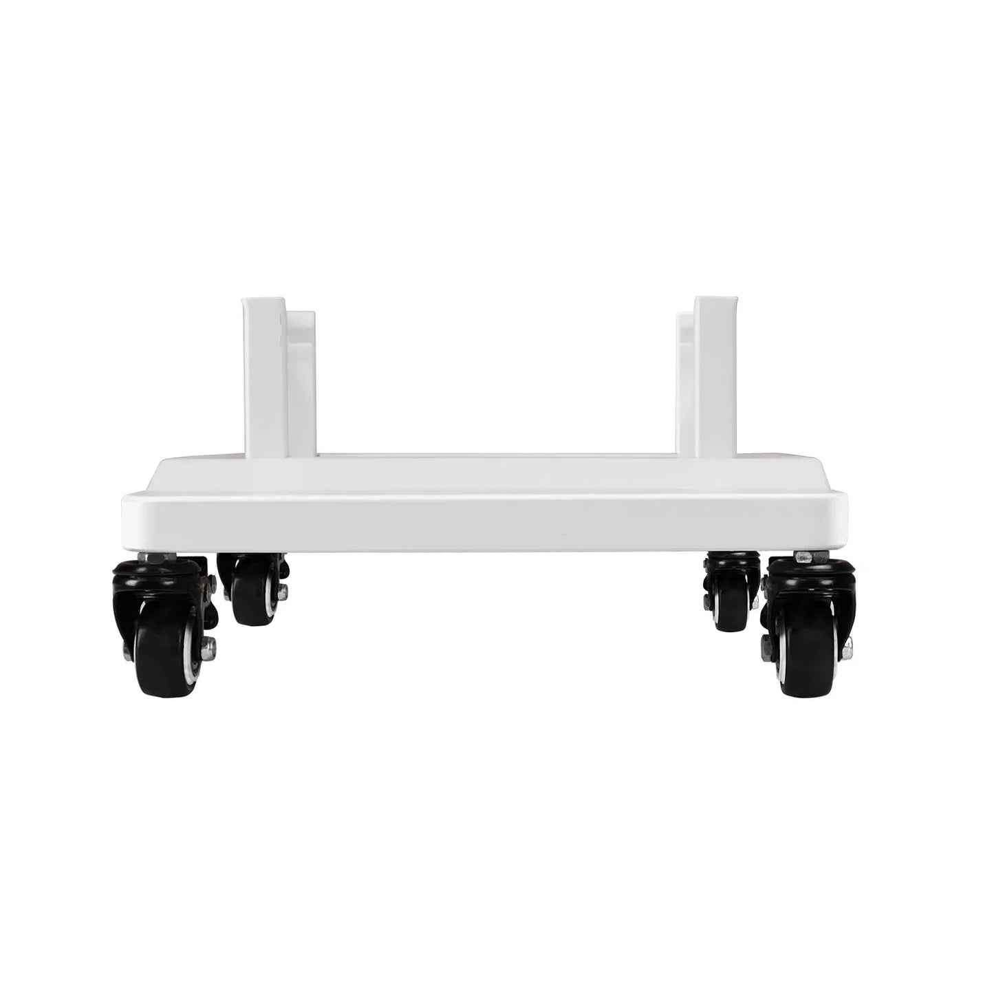 White metal floor stand with four black caster wheels isolated on white background