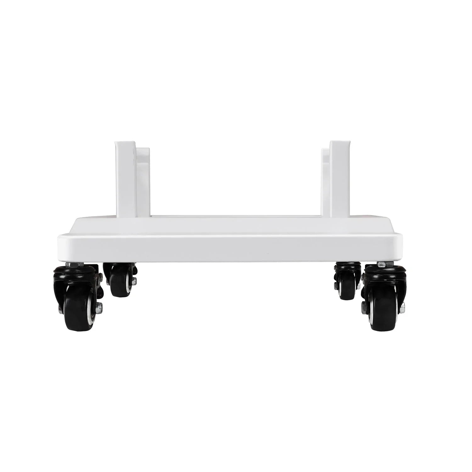 White metal floor stand with four black caster wheels isolated on white background