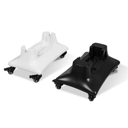 Black and white metal floor stands with caster wheels for heavy equipment support