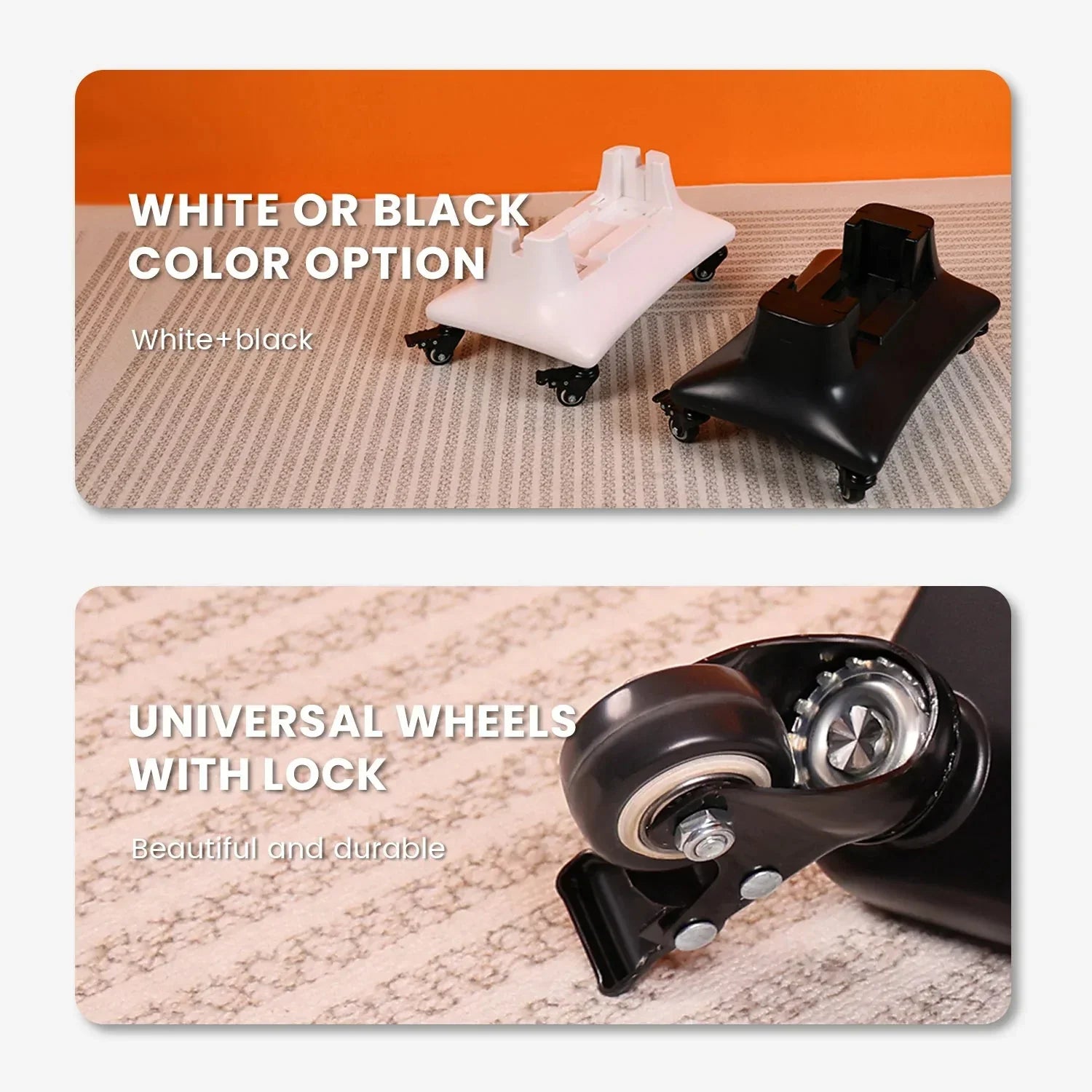 White and black floor stands with universal locking wheels on carpeted floor