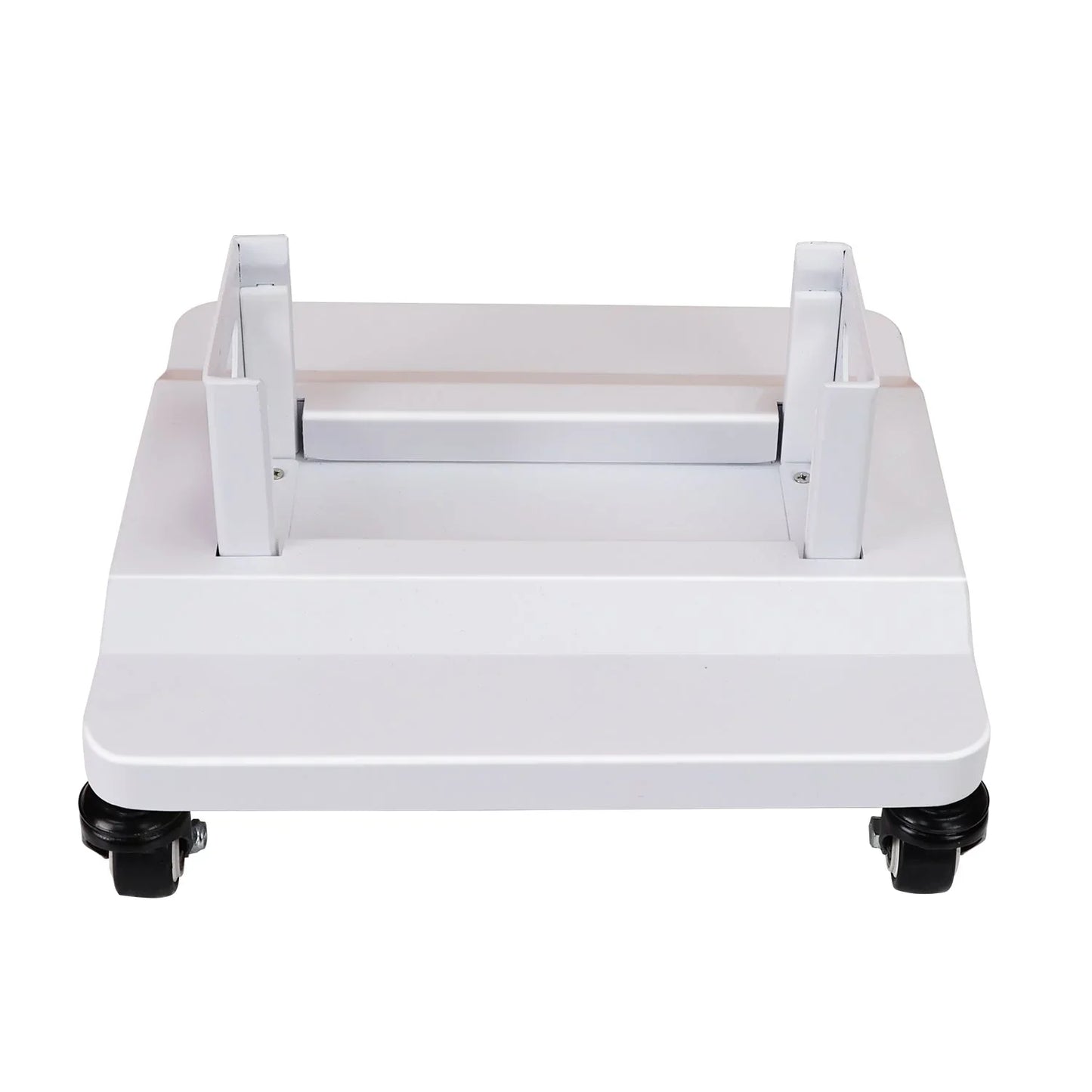 White metal floor stand with adjustable brackets and caster wheels for mobility