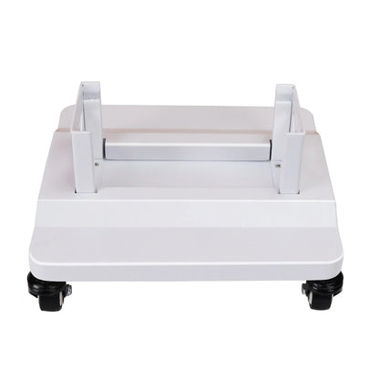 White metal floor stand with adjustable brackets and caster wheels for mobility